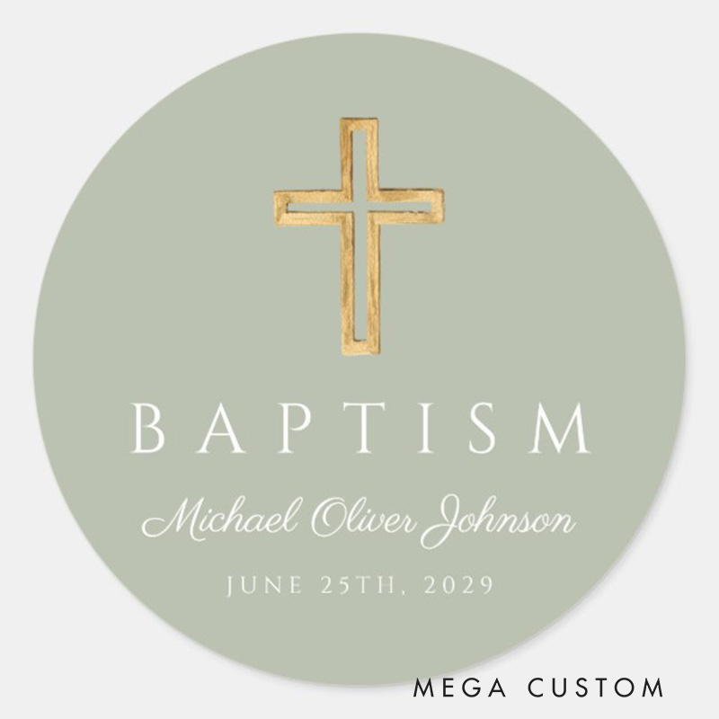 Personalized Elegant Sage Green Religious Cross Baptism Classic Round Sticker with Name and Date Religious Gift Baptism Gift