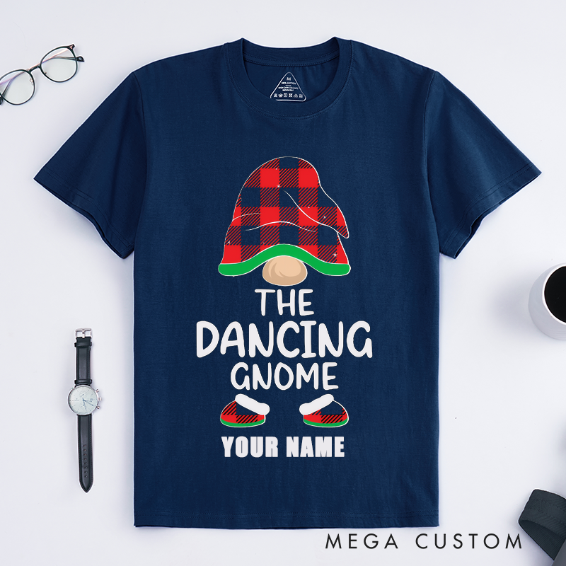 Personalized Dancing Gnome T-Shirts Unisex Cute Gift Plaid Hat Fun Custom Name Tee for Family Friends