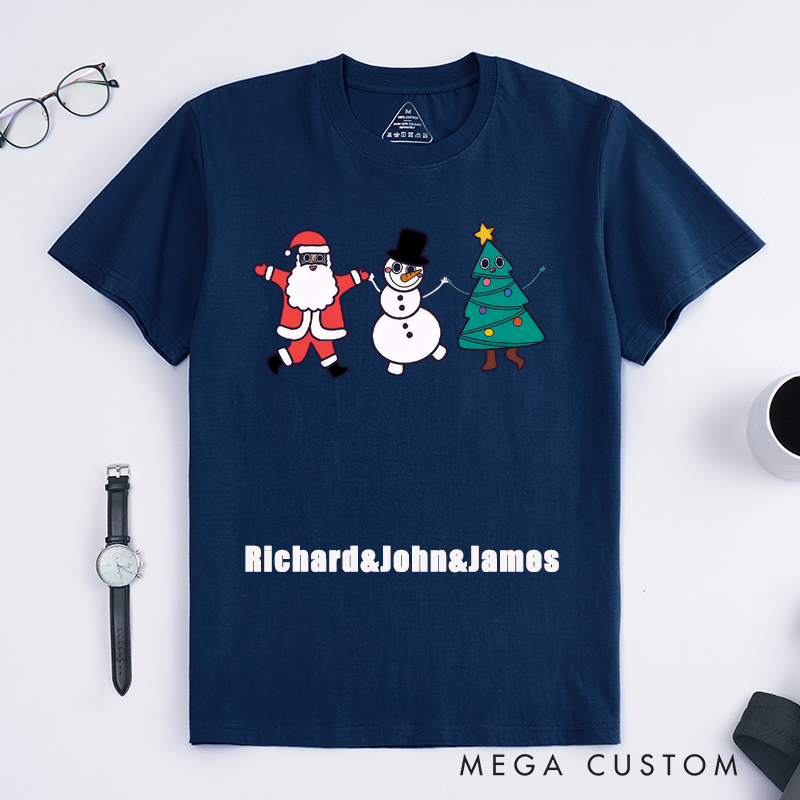 Personalized Christmas Cartoon Dance T-Shirt Unisex Custom Name Gift Santa Snowman Tree Design Family Matching Outfit for Men Women