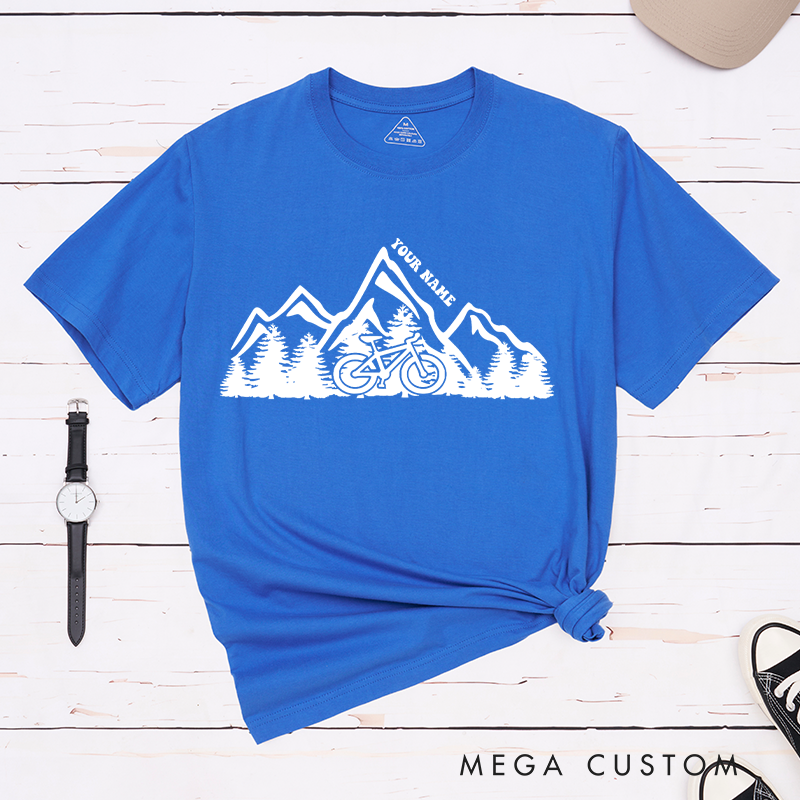 Personalized Mountain Adventure Cycling T-Shirt with a Cyclist Silhouette for Outdoor Adventures Riding Cycling Biking Enthusiasts