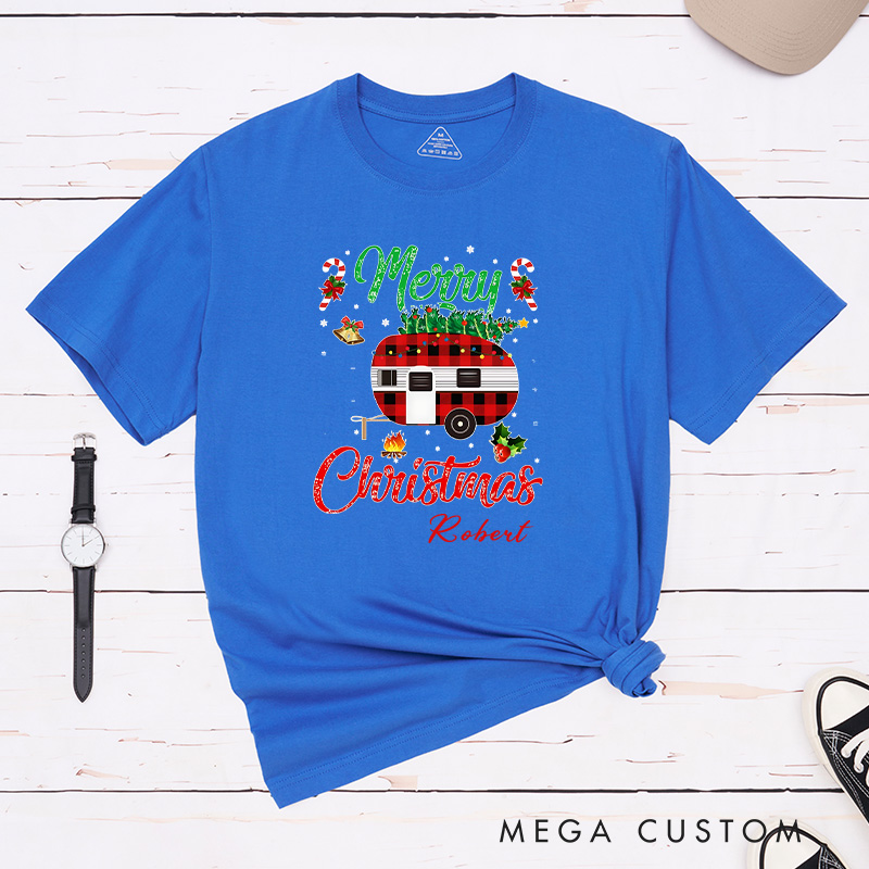Personalized Plaid Camper Christmas T-Shirt Hiking Adventure Lover Shirt Christmas Gift for Outdoors 