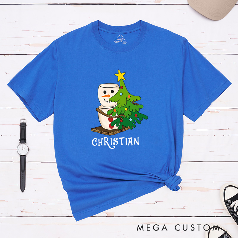 Personalized Marshmallow Snowman Hugging a Christmas Tree T-Shirt Christmas Camping Shirt Gift for Outdoor Hiking Lover