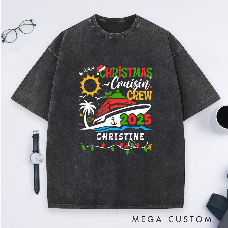 Personalized Christmas Cruisin'Crew Washed T-Shirt Family Christmas Cruise T-Shirt Gift for Outdoor Travel Lover