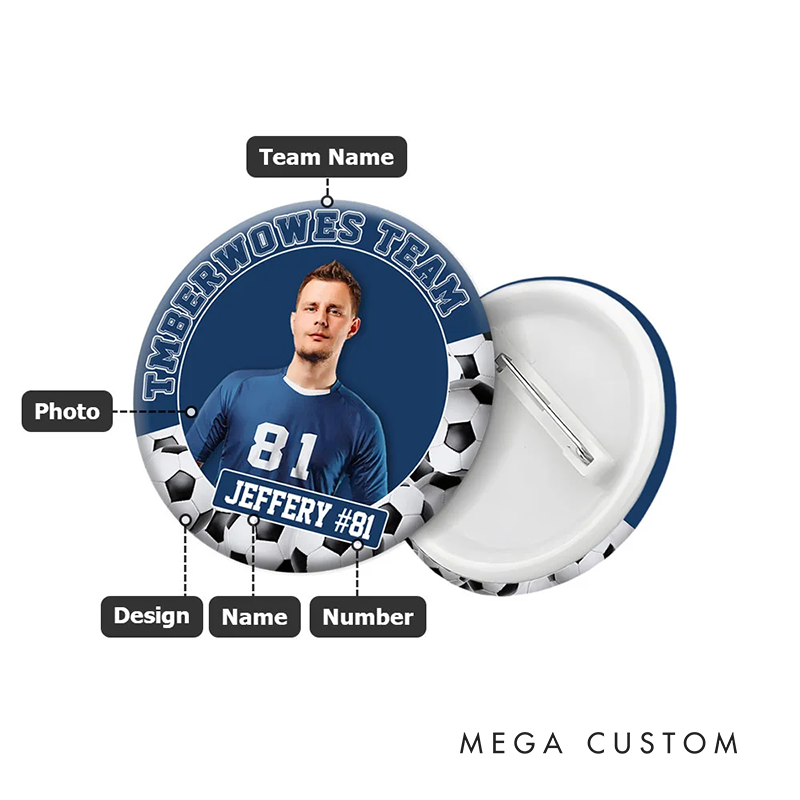 Personalized Soccer Button Pin with Custom Team Name, Player Name, Photo, and Number Design