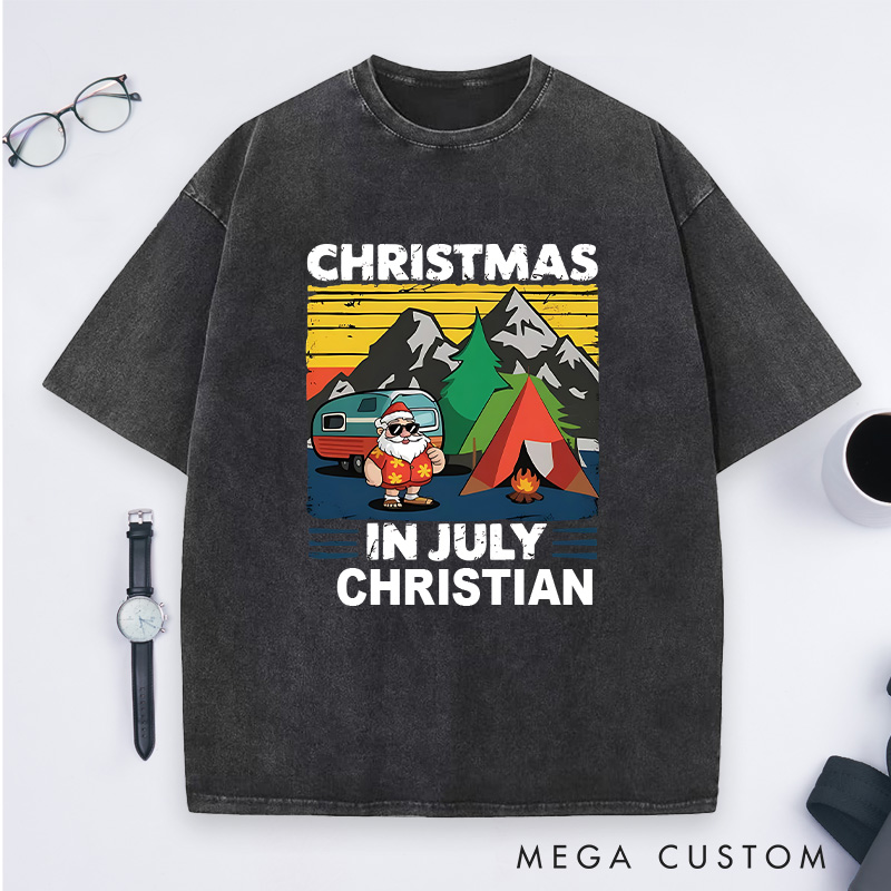 Personalized Christmas in July Washed T-Shirt Outdoor Tropical Camping Washed T-Shirt  Gift for Hiking Lover