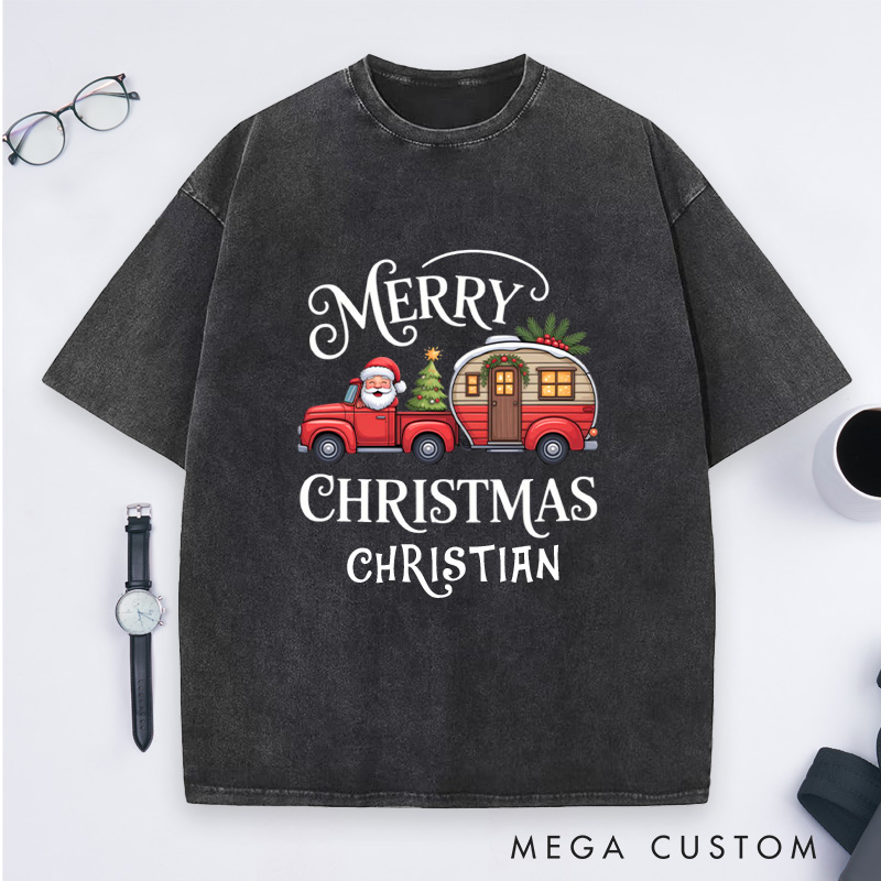 Personalized Merry Christmas Washed T-Shirt Outdoor Camping T-Shirt Gift for Adventure Hiking Lover