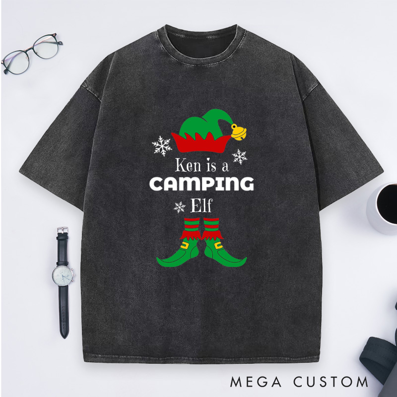 Personalized Camping Elf Washed T-Shirt Christmas Outdoor Adventure T-Shirt Gift for Hiking Lover