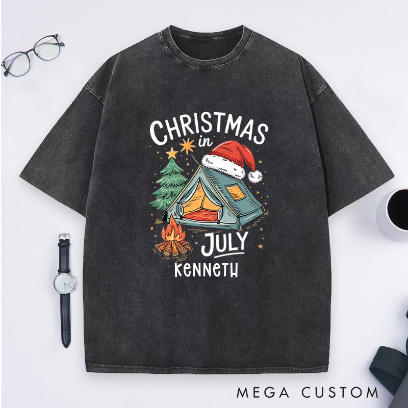 Personalized Christmas in July Washed T-Shirt Outdoor Camping Lover T-Shirt Christmas Gift for Hiking Lover