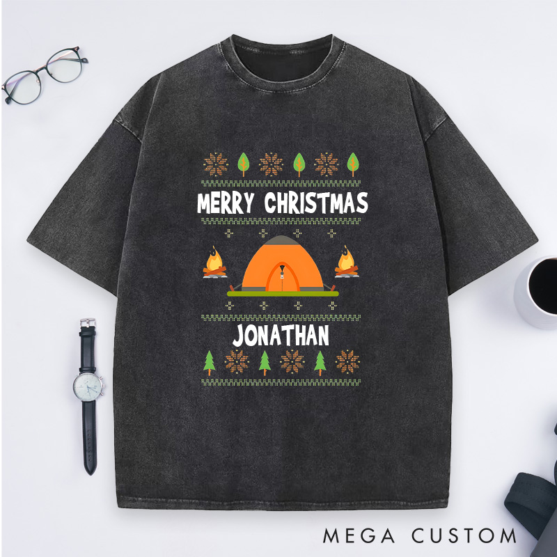 Personalized Camper Christmas Washed T-Shirt Outdoor Adventure T-Shirt Christmas Gift for Hiking Outdoors