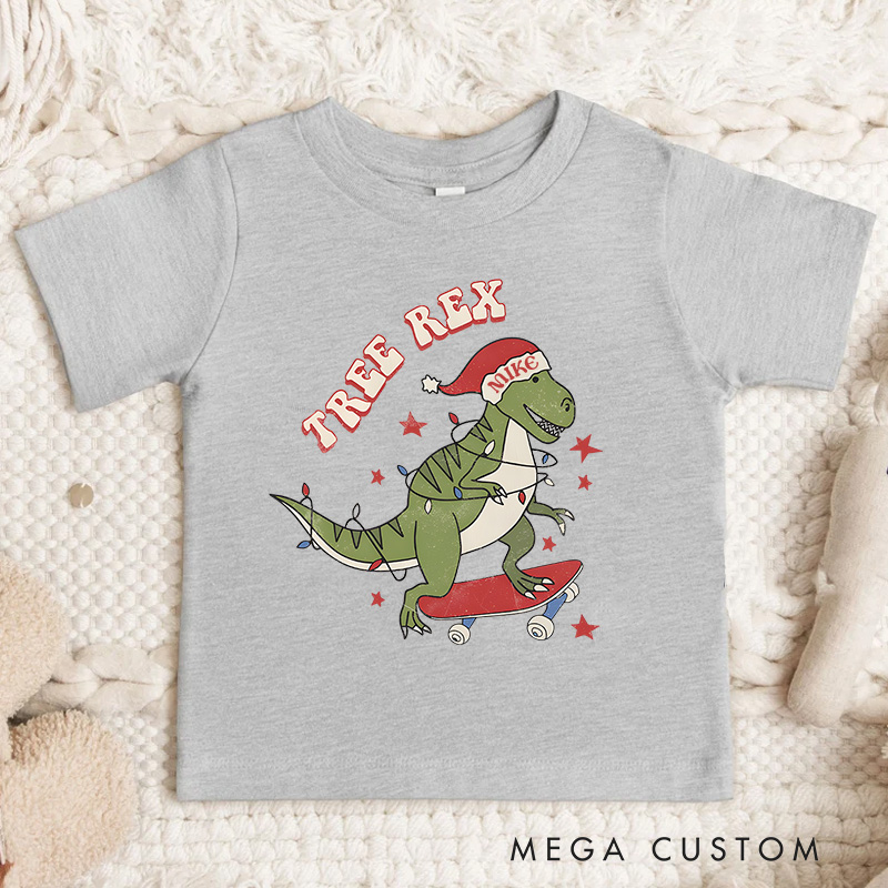 Personalized Tree Rex Retro Kids T-Shirt Cute Christmas Toddler Tee Holiday Natural Shirt