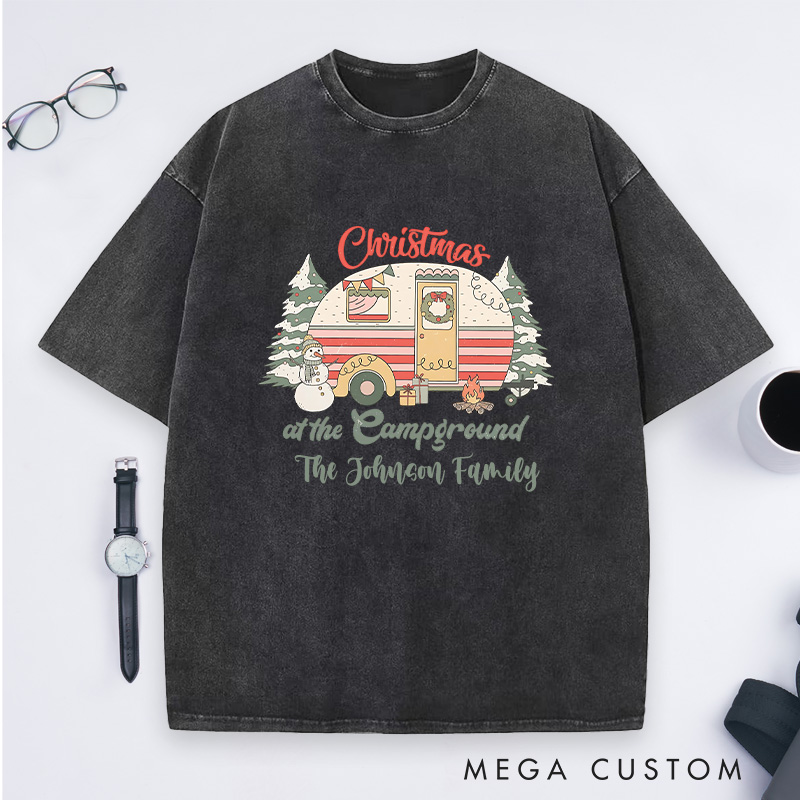 Personalized Christmas at the Campground Washed T-Shirt Camping Christmas T-Shirt Gift for Outdoor Hiking Lover
