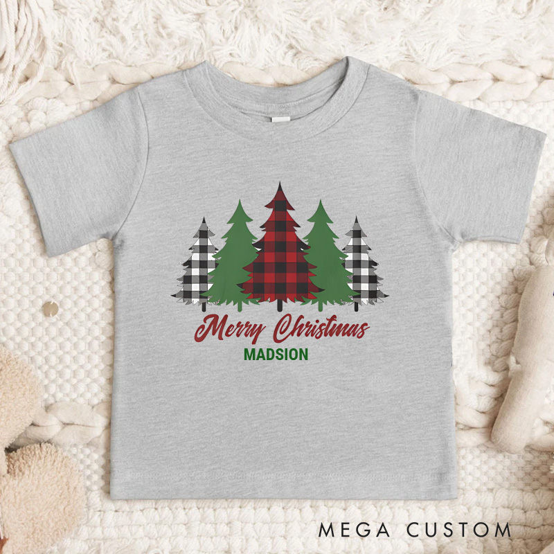 Personalized Rustic Red Plaid Merry Christmas Trees Kids T-Shirt