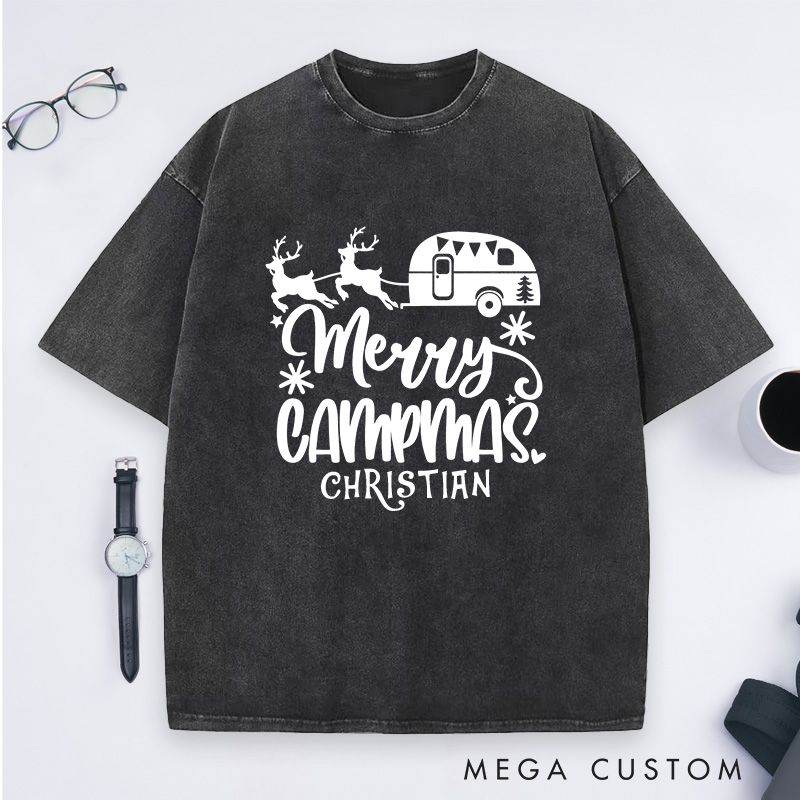 Personalized Merry Campmas Washed T-Shirt Outdoors Camping Christmas T-Shirt Gift for Hiking Lover