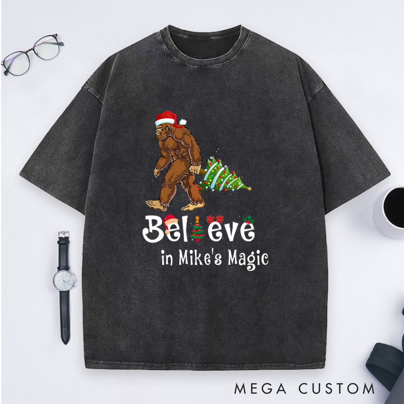 Personalized Bigfoot Adventure Christmas Washed T-Shirt Merry Christmas T-Shirt Gift for Hiking Outdoors Lover