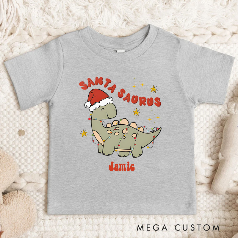 Personalized Cute Christmas Dinosaur Santasaurus Name Kids T-Shirt