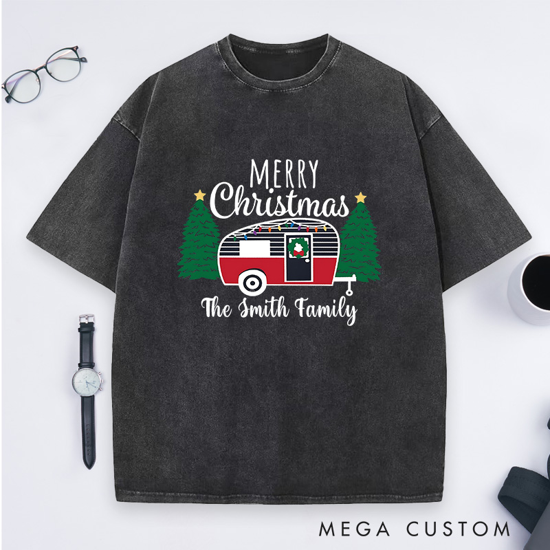 Personalized Cozy Camper Christmas Washed T-Shirt Merry Christmas T-Shirt Christmas Gift for Outdoors Lover