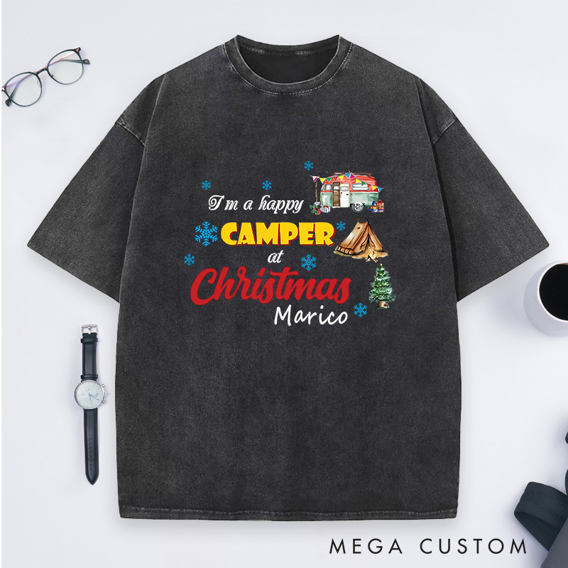 Personalized Christmas Camping Washed T-Shirt Hiking Adventure Lover T-Shirt for Outdoors Christmas Gift 