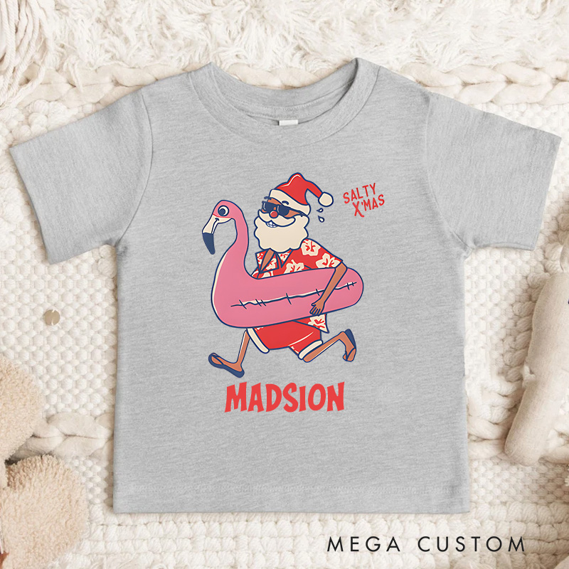 Personalized Mele Kalikimaka Santa Flamingo Christmas Getaways Kids T-Shirt