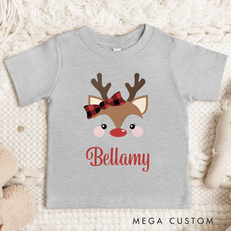 Personalized Cute Reindeer Plaid Bow Name in Red Christmas Kids T-Shirt