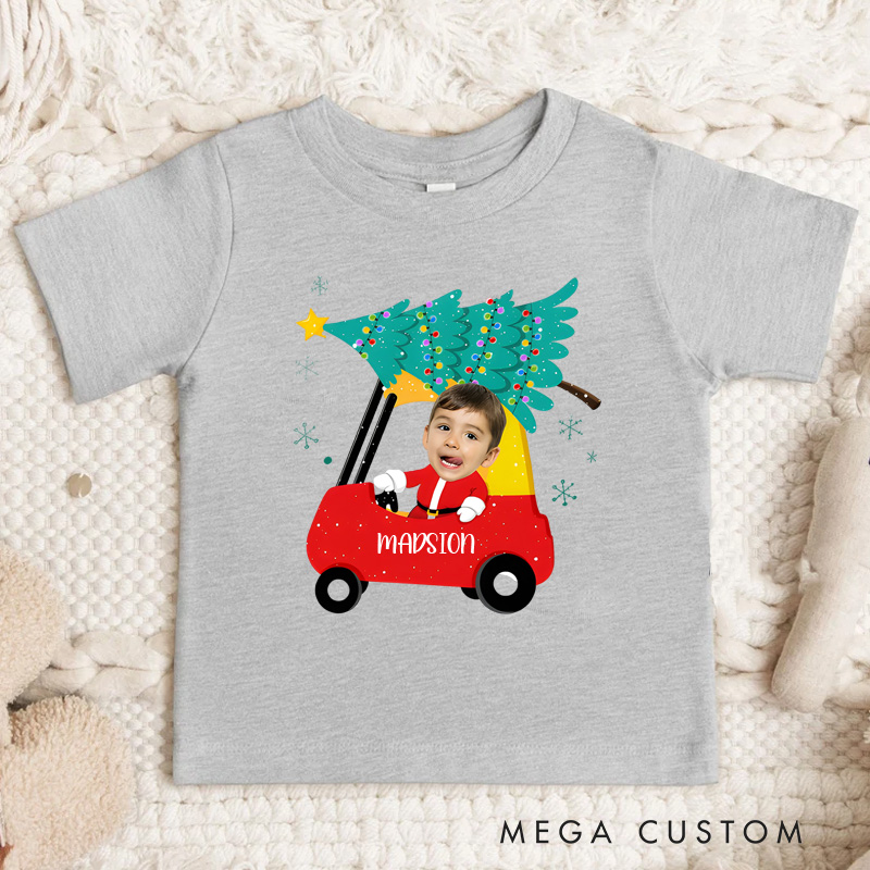 Personalized Red Car Christmas Kids Face with Photo T-Shirt 