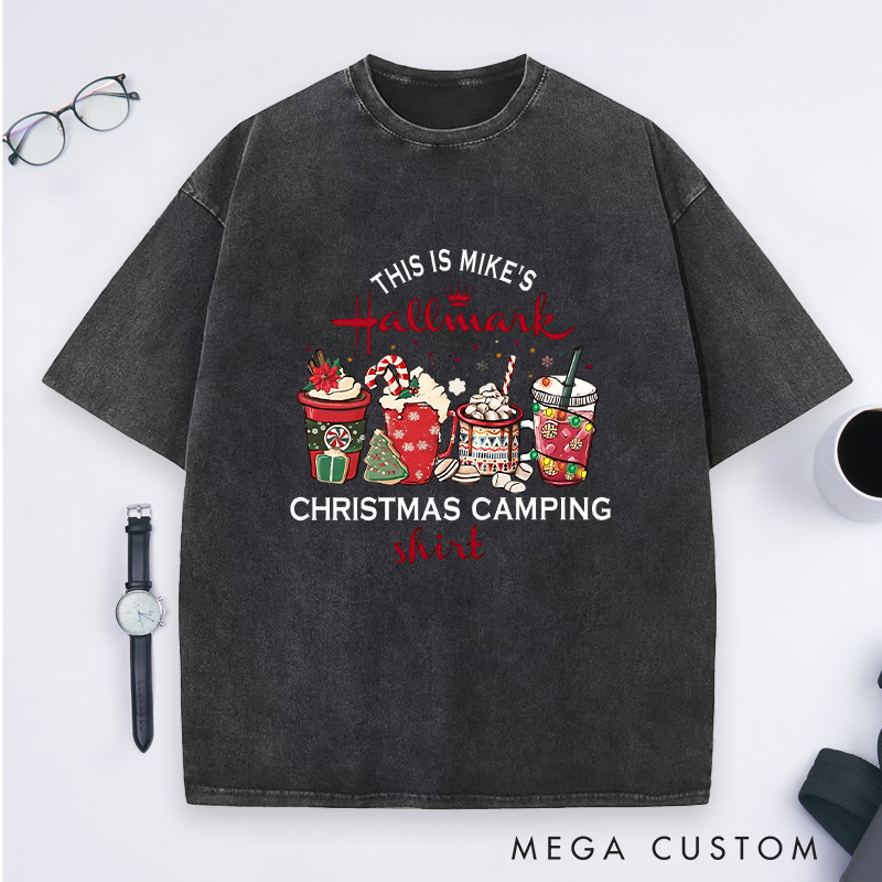 Personalized Christmas Camping Washed T-Shirt Holiday Spirit Shirt Gift for Outdoor Hiking Lover
