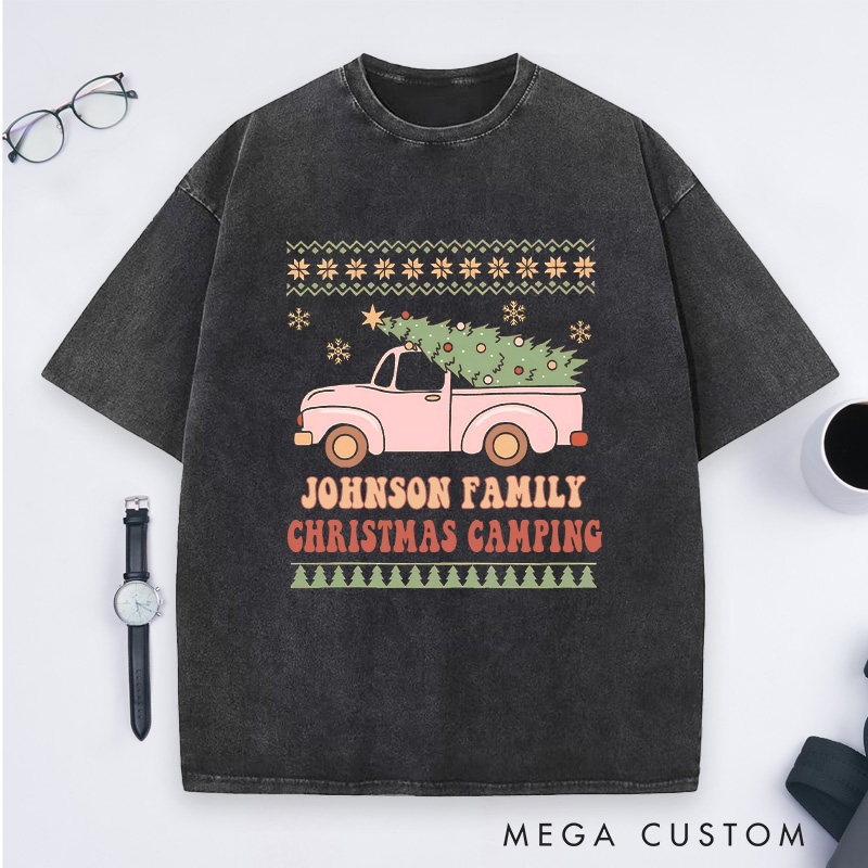 Personalized Family Christmas Camping Washed T-Shirt Outdoor Adventure Shirt Christmas Gift for Hiking Lover