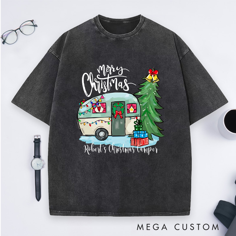 Personalized Camper Christmas Washed T-Shirt Hiking Outdoors Lover T-Shirt Christmas Gift
