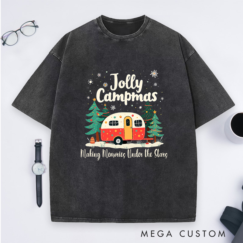 Personalized Jolly Campmas Washed T-Shirt Outdoor Camping Christmas Shirt Gift for Hiking Lover