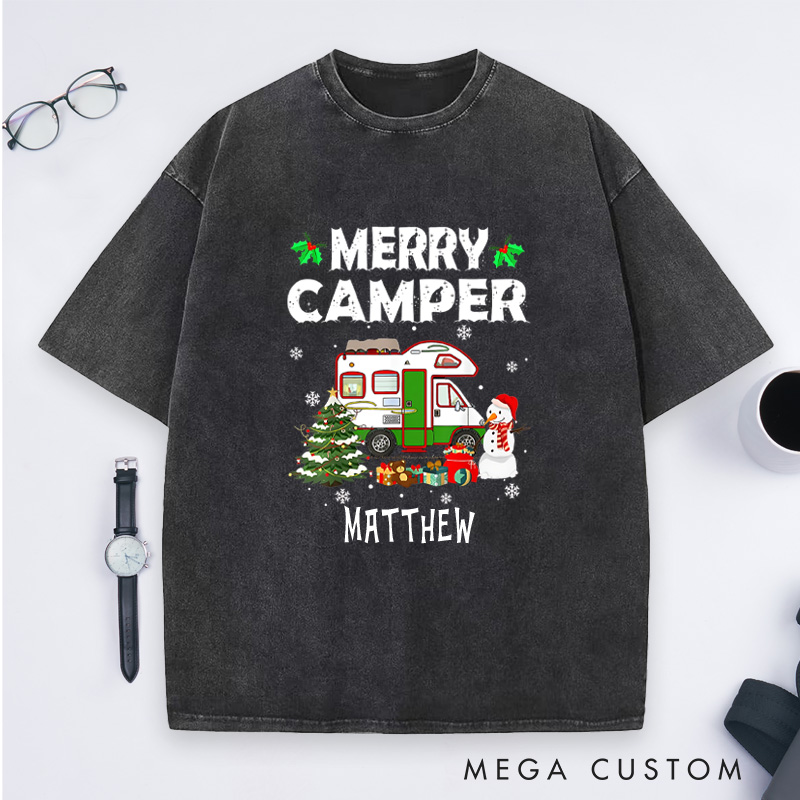 Personalized Merry Camper Washed T-Shirt Outdoor Camping Christmas T-Shirt Holiday Gift for Hiking Lovers