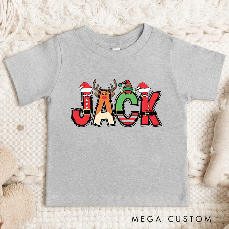 Personalized Christmas Name T-Shirt for Kids Toddler Christmas Tee Santa Reindeer and Elf Design