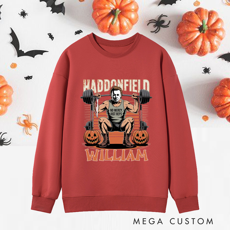 Personalized Halloween Classic Sweatshirts with Fierce Weightlifting Character Pumpkins Sweatshirts Gift for Fitness Enthusiasts Bodybuilders and Gym Lovers