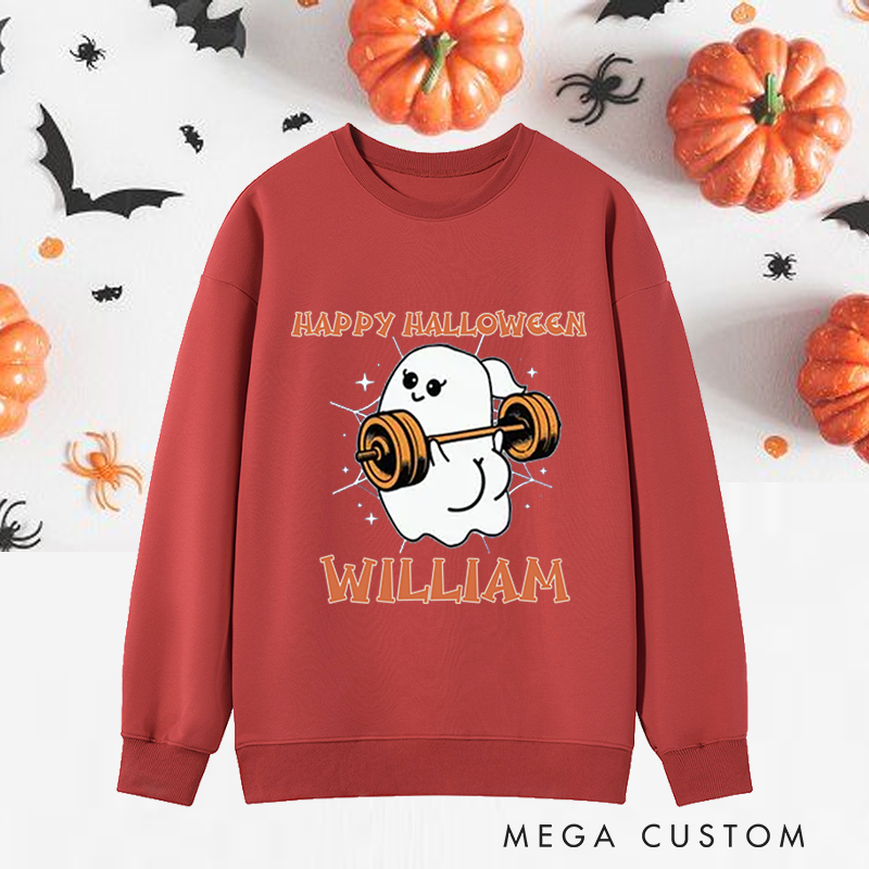 Personalized Halloween Classic Sweatshirts with Adorable Ghost Lifting Barbell Sweatshirts Gift for Fitness Enthusiasts Bodybuilders and Gym Lovers