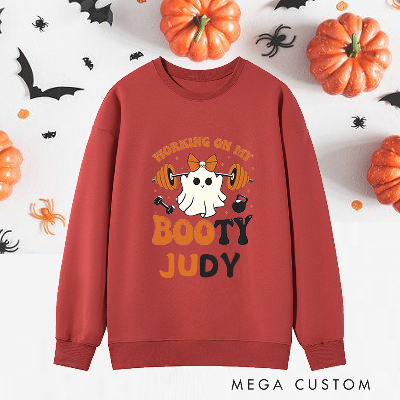 Personalized Halloween Classic Sweatshirts with Ghost Barbell Working on My Booty Sweatshirts Gift for Fitness Enthusiasts Bodybuilders and Gym Lovers