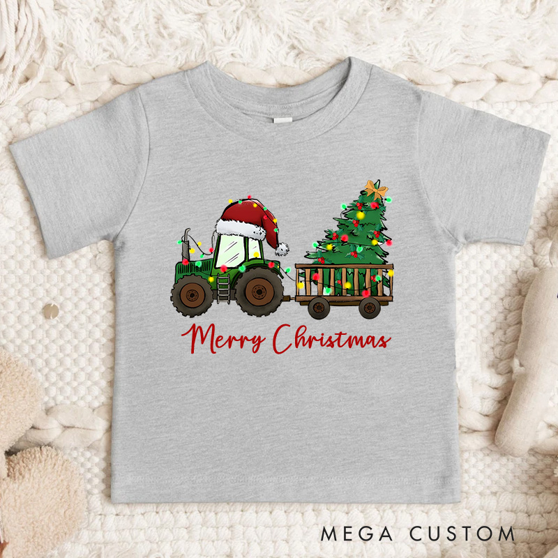 Personalized Christmas Tree Tractor Toddler T-Shirt Christmas Farm Life Tee Xmas Kids Gift