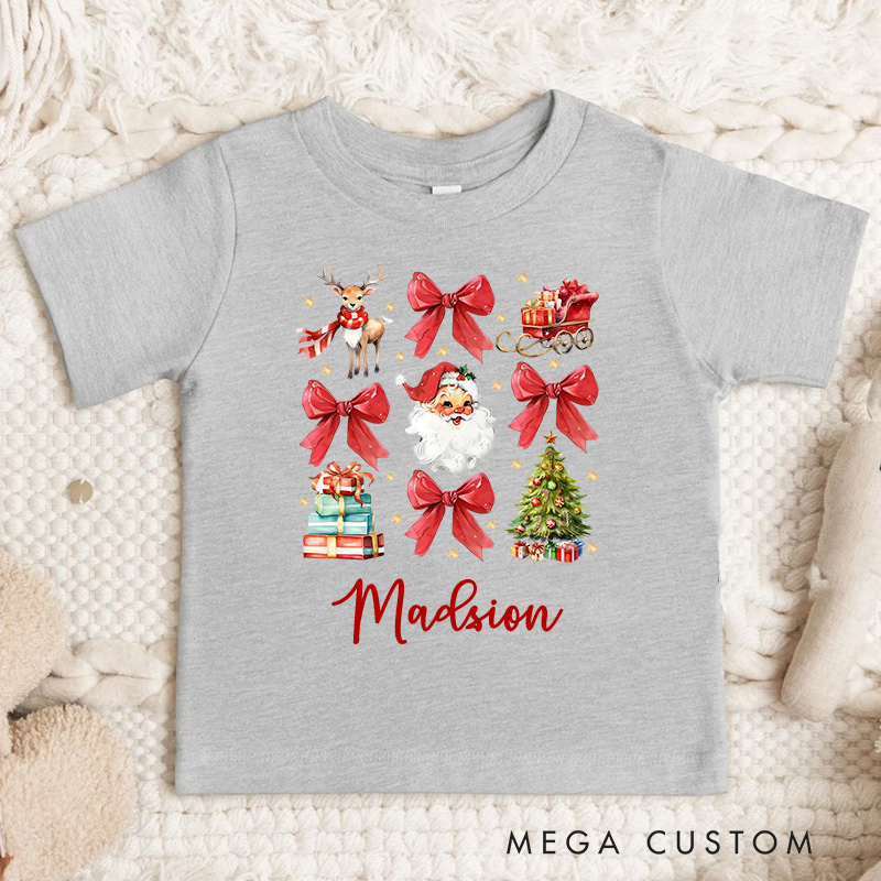 Personalized Christmas Santa and Bows T-Shirt Kids Christmas Tee Shirt Xmas Kids Gift