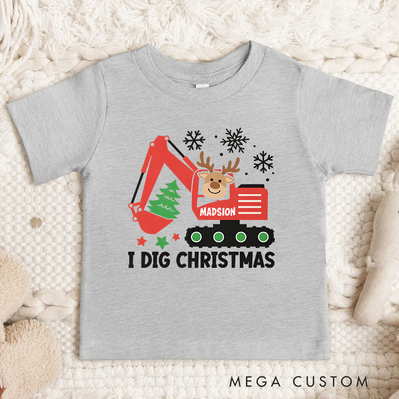 Personalized I Dig Christmas Cute Red Construction Vehicle Reindeer Tree Christmas Excavator Kids T-Shirt