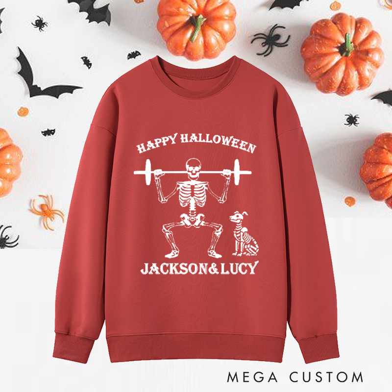 Personalized Halloween Classic Sweatshirts with Skeleton Weightlifting with Dog Sweatshirts Gift for Fitness Enthusiasts Bodybuilders and Gym Lovers