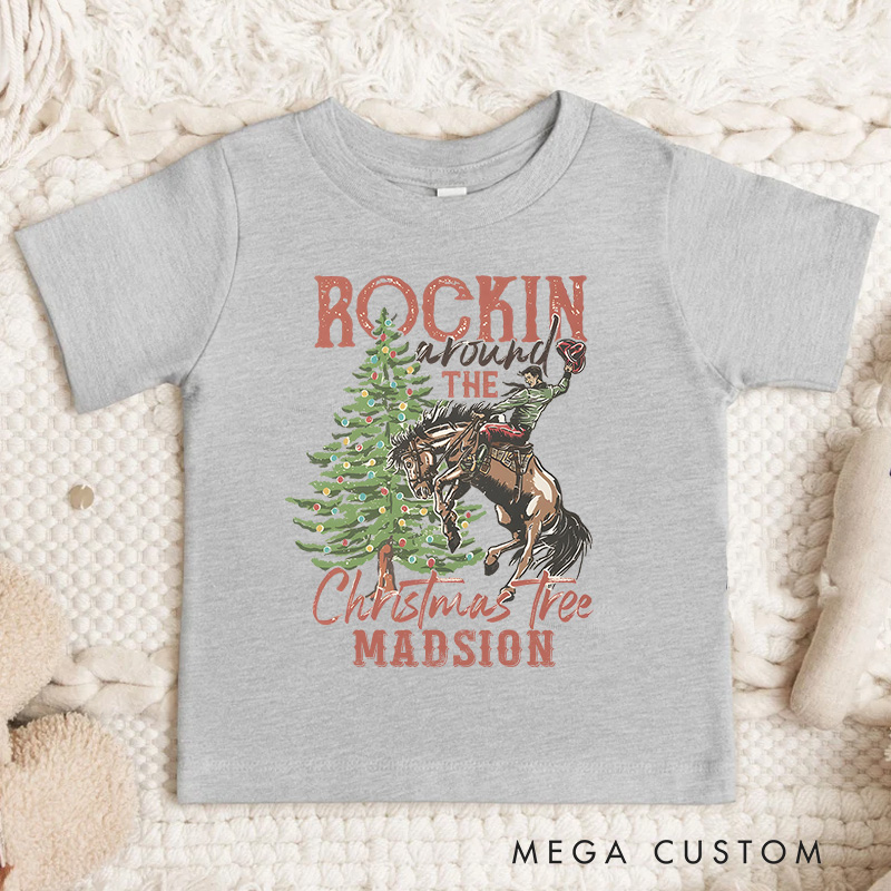 Personalized Western Rodeo Christmas Kids T-Shirt Retro Rocking Around The Christmas Tree Bucking Horse Holiday Outfit 