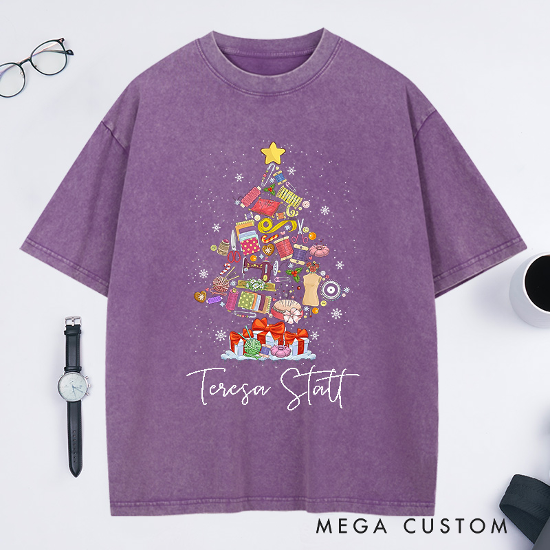 Personalized Sewing Machine Christmas Tree Washed T-Shirts Quilting Shirt Sewing Lover T-Shirt Christmas Tailor Gift Sewing Christmas Shirt