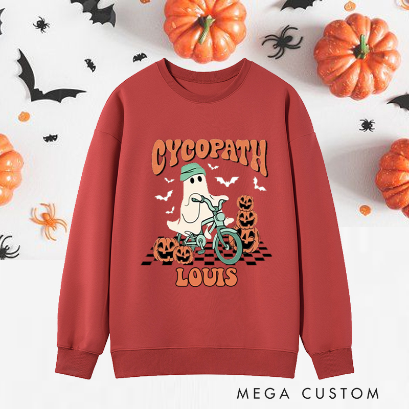 Personalized Halloween Classic Sweatshirts with Ghost Riding Bike with Pumpkins for Fitness Enthusiasts Bodybuilders and Gym Lovers