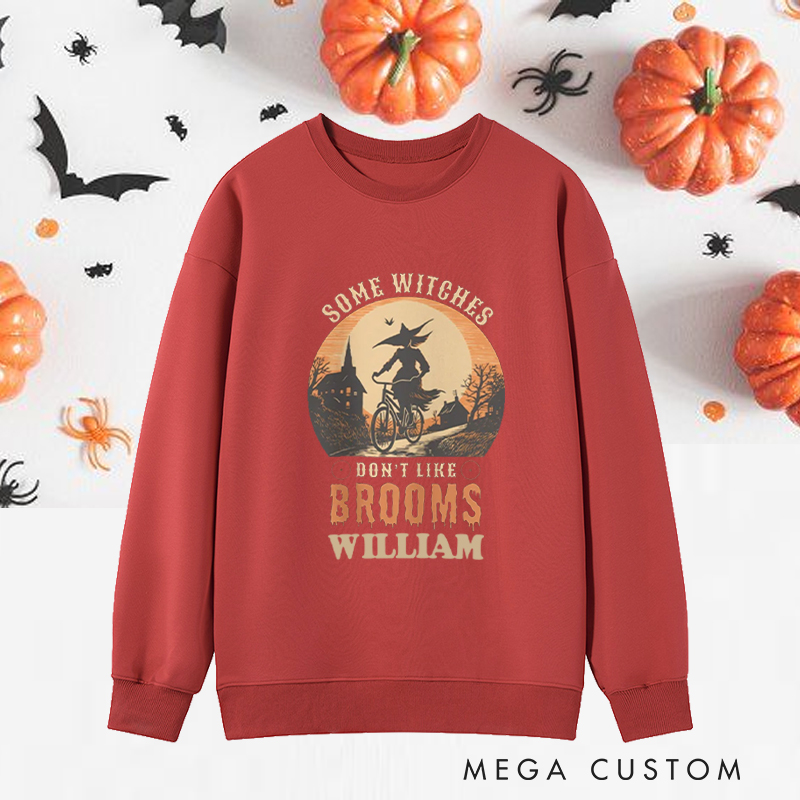 Personalized Halloween Classic Sweatshirts with Funny Witch on Bicycle Spooky Night for Fitness Enthusiasts Bodybuilders and Gym Lovers