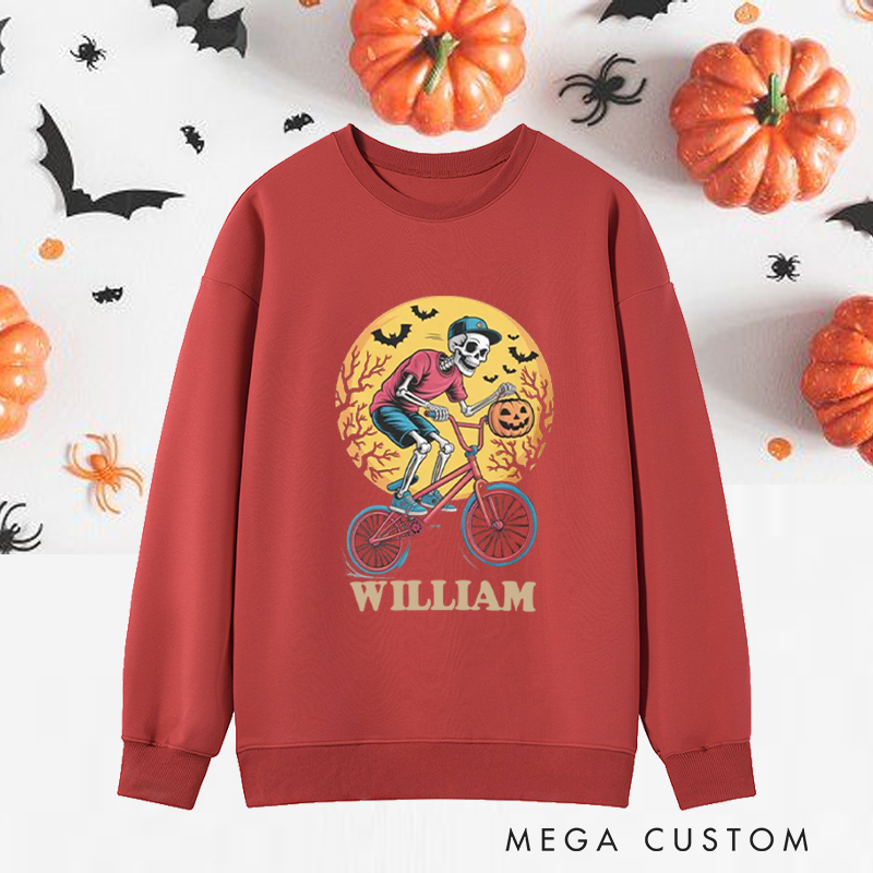 Personalized Halloween Classic Sweatshirts with Skeleton Riding Bike with Pumpkin and Moon for Fitness Enthusiasts Bodybuilders and Gym Lovers