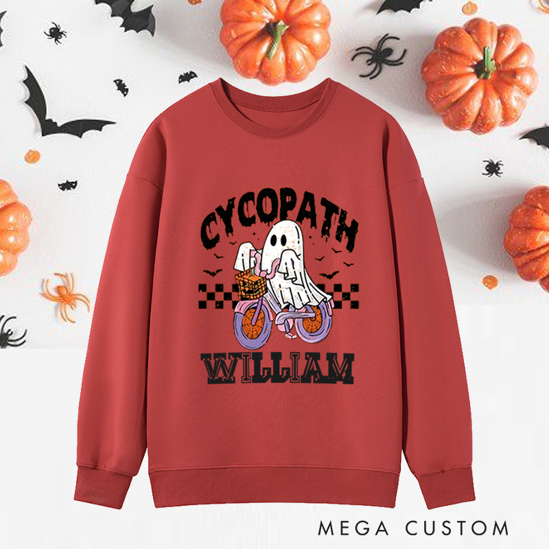 Personalized Halloween Classic Sweatshirts with Ghost Riding Bike with Basket for Fitness Enthusiasts Bodybuilders and Gym Lovers