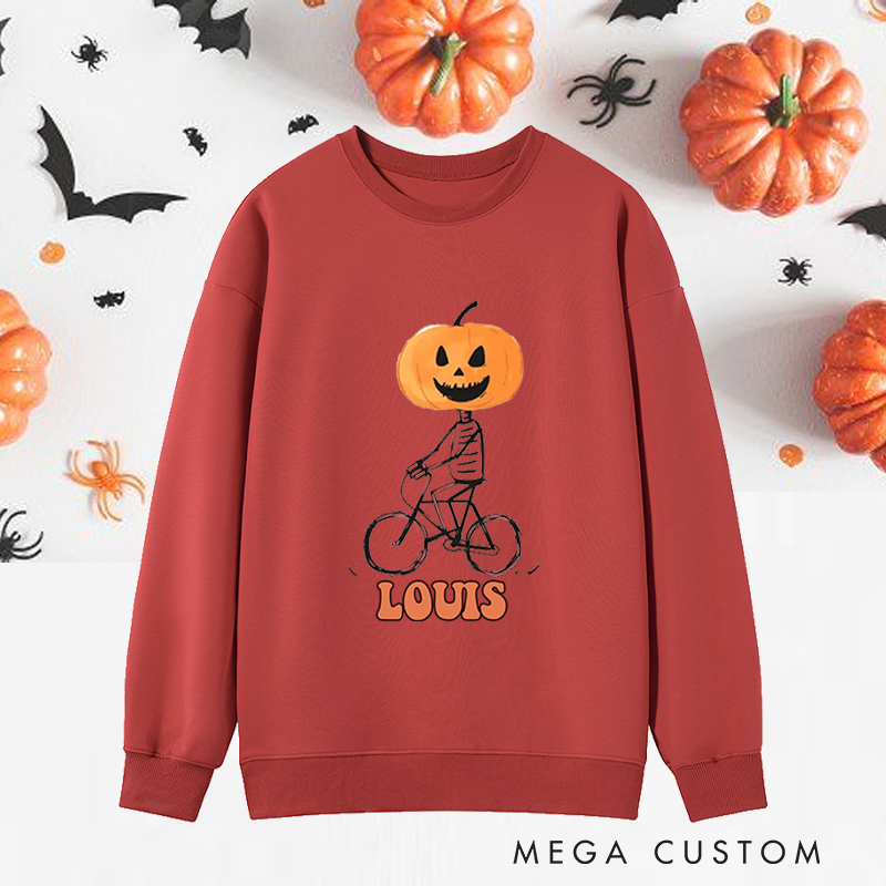 Personalized Halloween Classic Sweatshirts with Pumpkin Head Skeleton Riding Bike for Fitness Enthusiasts Bodybuilders and Gym Lovers
