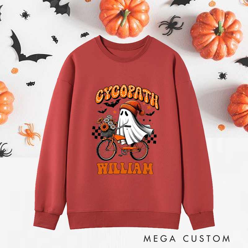 Personalized Halloween Classic Sweatshirts with Ghost Riding Bike with Flowers for Fitness Enthusiasts Bodybuilders and Gym Lovers