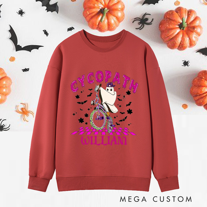 Personalized Halloween Classic Sweatshirts with Funny Ghost Biking with Spooky Bats for Fitness Enthusiasts Bodybuilders and Gym Lovers