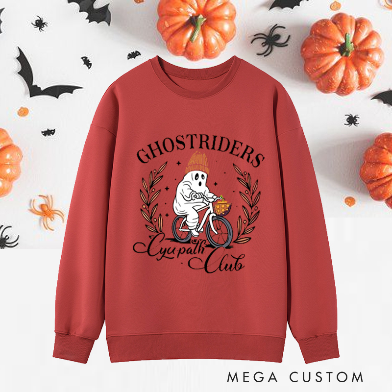 Personalized Halloween Classic Sweatshirts with Funny Ghost Biking with Autumn Wreath for Fitness Enthusiasts Bodybuilders and Gym Lovers