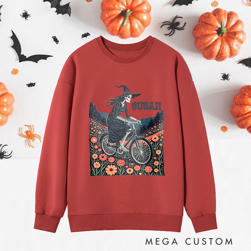 Personalized Halloween Classic Sweatshirts with Witch Skeleton Riding Bike Through Floral Field for Fitness Enthusiasts Bodybuilders and Gym Lovers