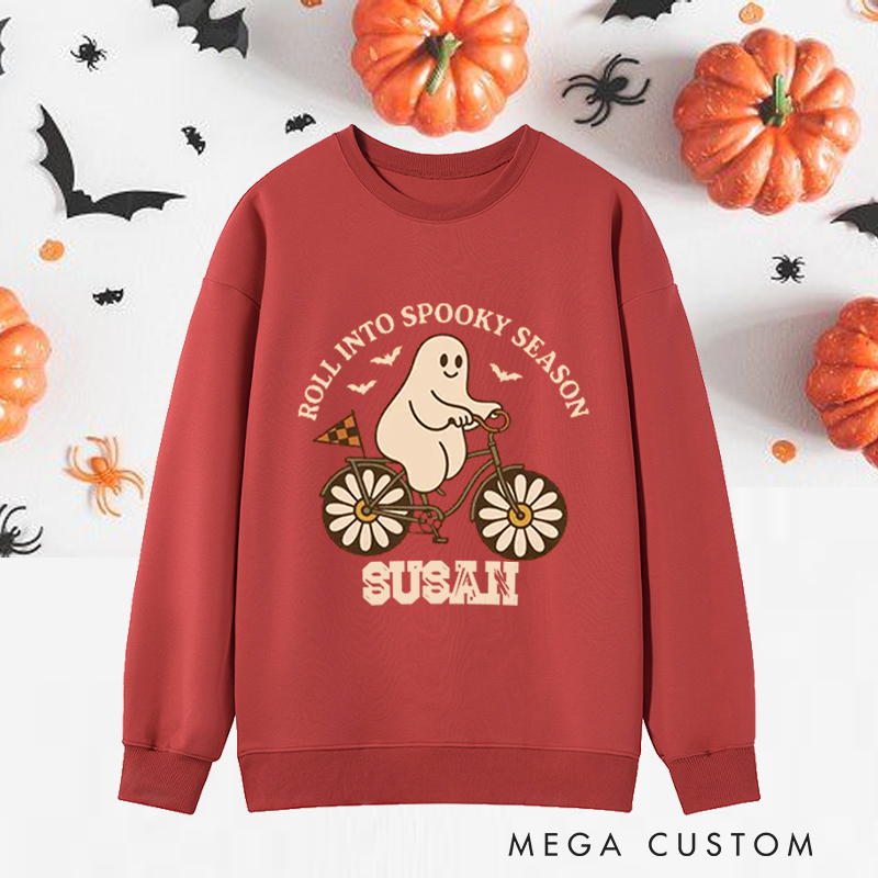 Personalized Halloween Classic Sweatshirts with Cute Ghost on Bicycle with Floral Wheels for Fitness Enthusiasts Bodybuilders and Gym Lovers