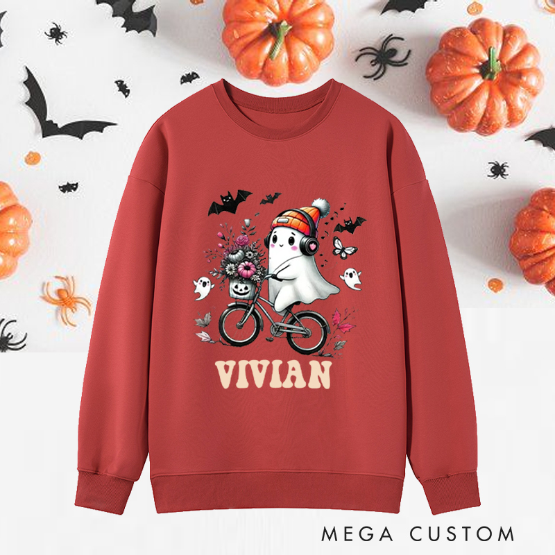 Personalized Halloween Classic Sweatshirts with Cute Ghost on Bike with Floral Basket and Headphones for Fitness Enthusiasts Bodybuilders and Gym Lovers